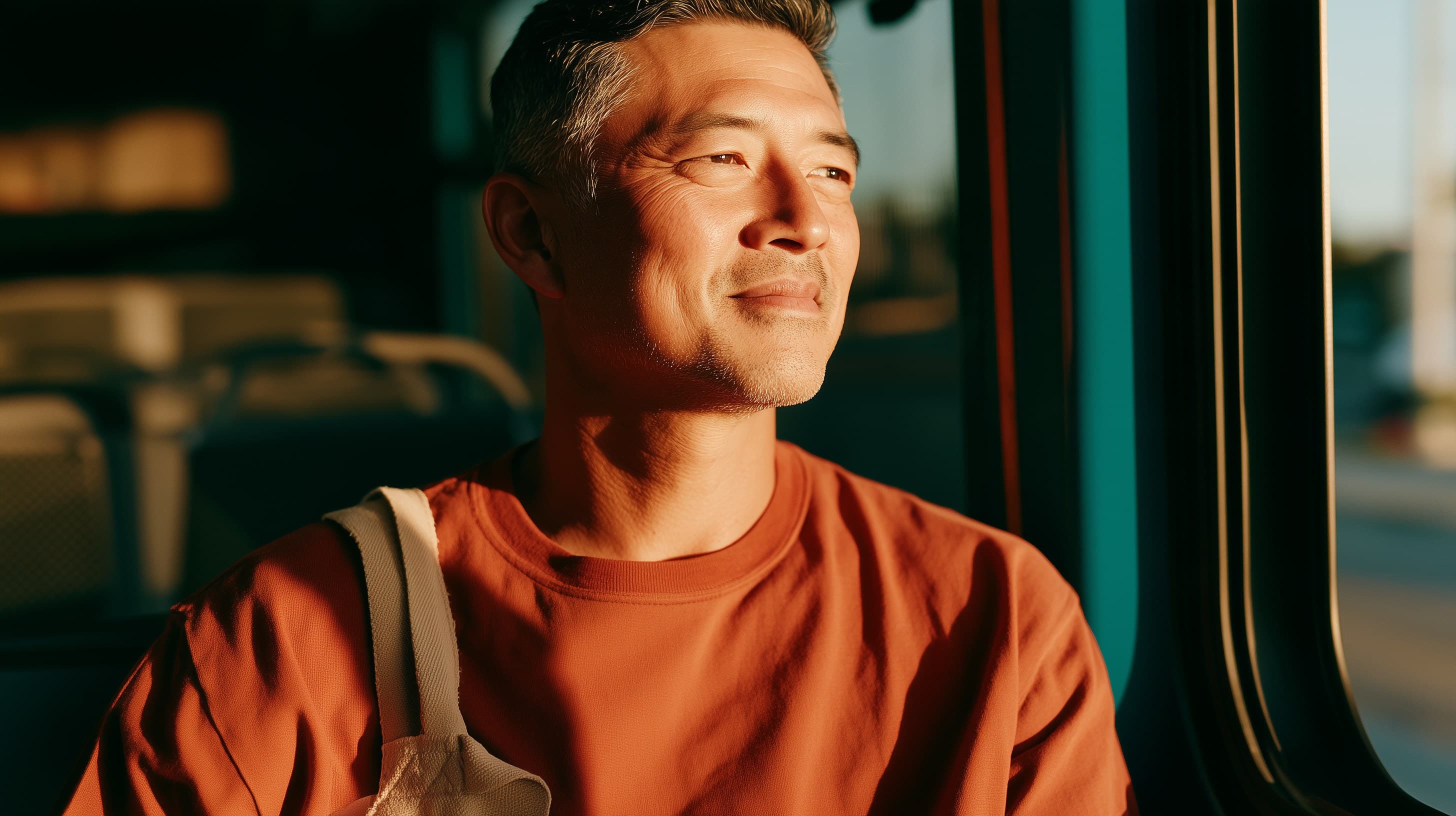 A person in a rust-coloured sweatshirt by a window, looking up into warm evening sun