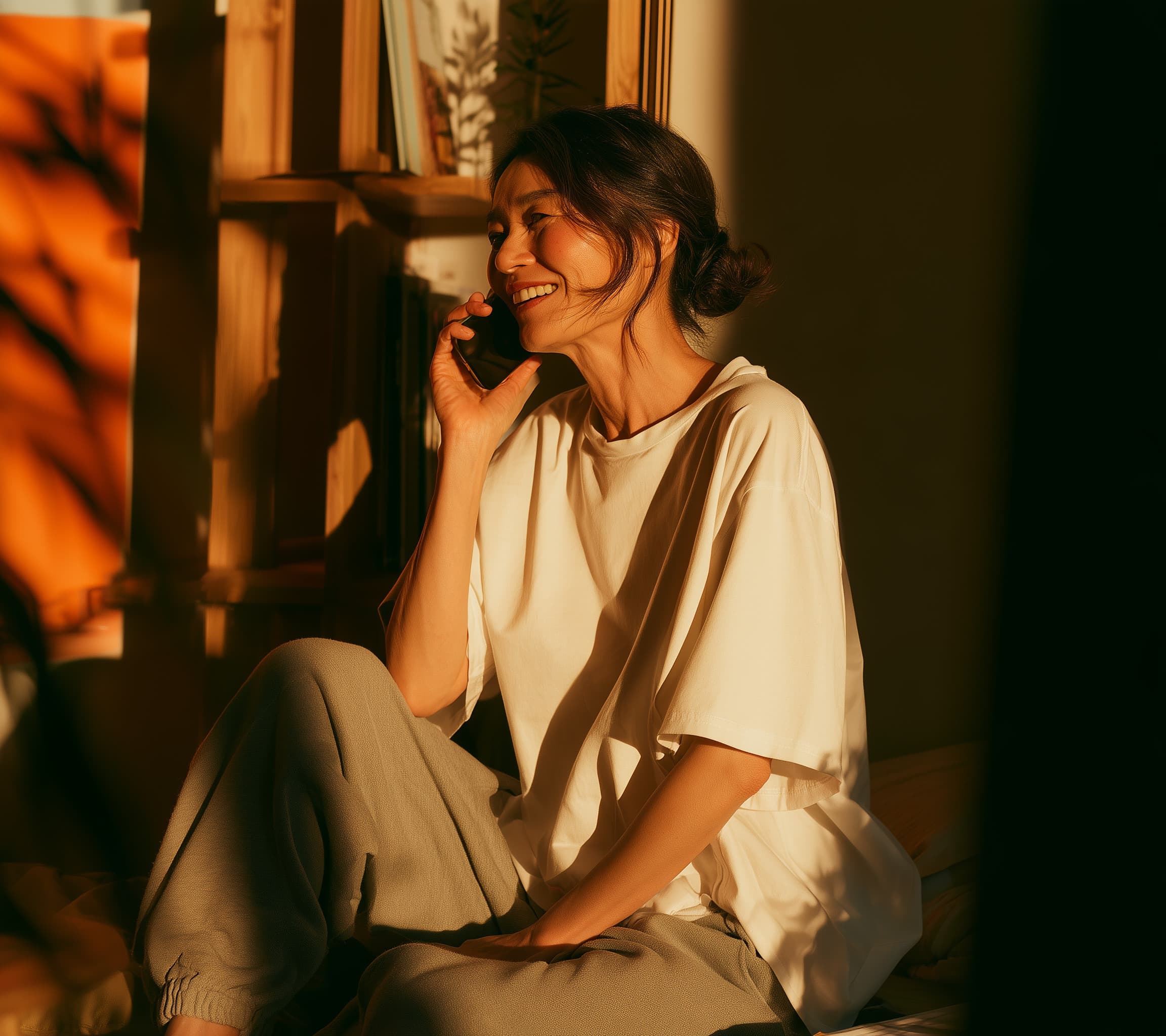 A person in a white T-shirt sitting at home in warm light, smiling as they talk on the phone