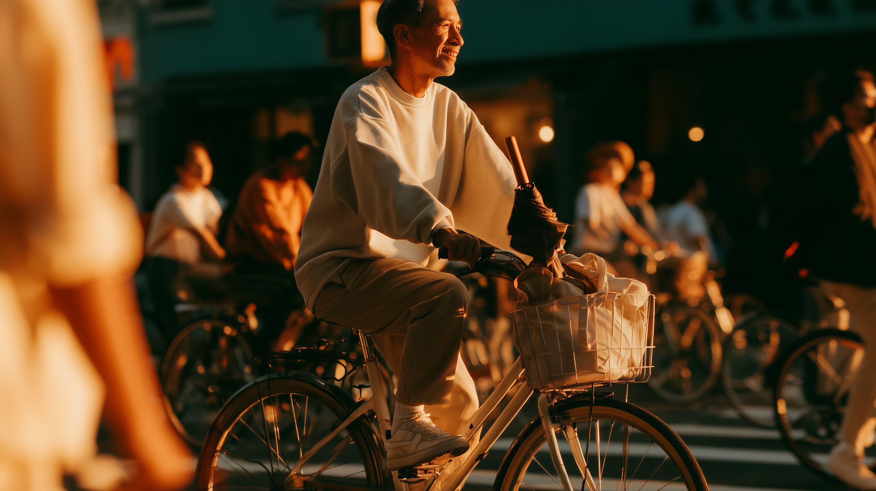 A person in a light sweatshirt riding a bicycle with a basket through a busy city crossing at sunset